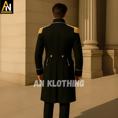 Regency Military Tailcoat with Gold Epaulettes – Black Double-Breasted Officer Jacket with White Trim & Beige Breeches - Officer's Jacket