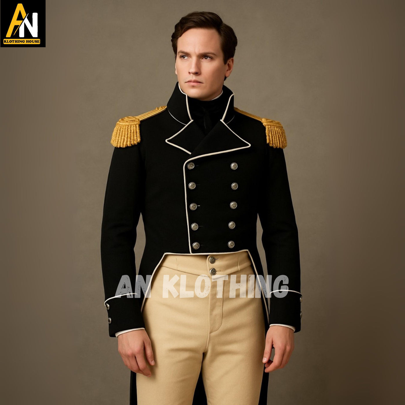 Regency Military Tailcoat with Gold Epaulettes – Black Double-Breasted Officer Jacket with White Trim & Beige Breeches - Officer's Jacket