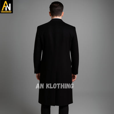 Elegant Men's Black Wool Overcoat | Double-Breasted Long Formal Winter Coat | Tailored Vintage-Inspired Dress Coat - Sophisticated Fashion