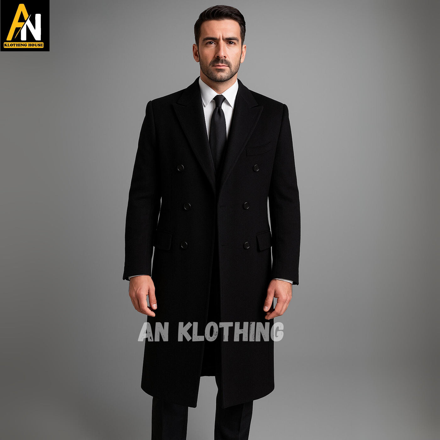 Elegant Men's Black Wool Overcoat | Double-Breasted Long Formal Winter Coat | Tailored Vintage-Inspired Dress Coat - Sophisticated Fashion