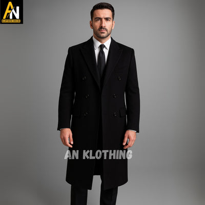 Elegant Men's Black Wool Overcoat | Double-Breasted Long Formal Winter Coat | Tailored Vintage-Inspired Dress Coat - Sophisticated Fashion