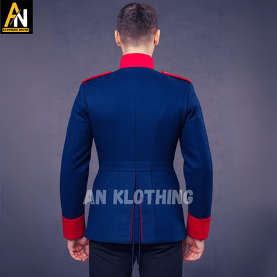 Men's Royal Blue Military Ceremonial Jacket – Victorian Parade Dress Uniform with Red Cuffs & Brass Buttons - Officer's Jacket