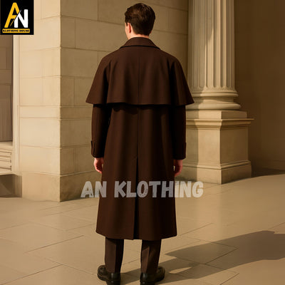 Classic Victorian Overcoat for Gentlemen - Dark Brown Wool Inverness Cape Coat -Formal Outerwear with Timeless Coachman Style-Wool Cape Coat