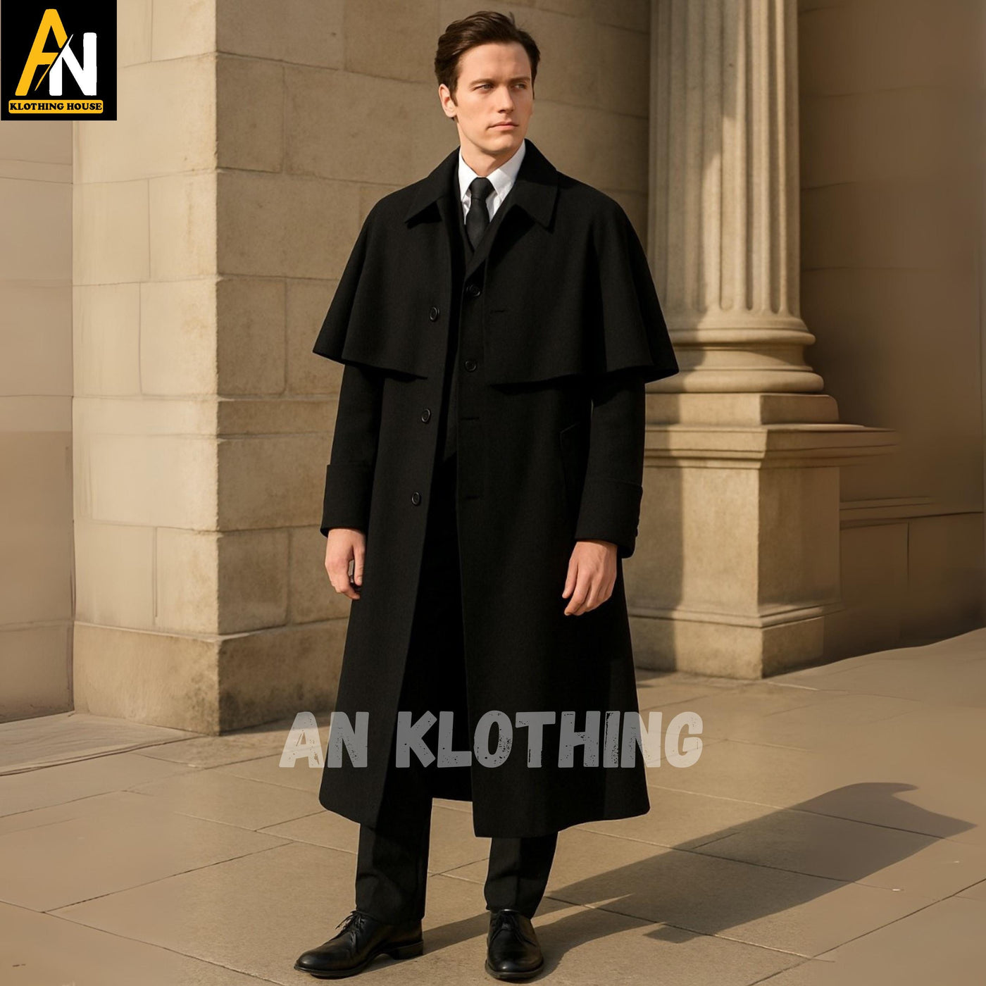 Black Regency Garrick Overcoat - Black Inverness Cape Overcoat – Classic Victorian Style Men's Wool Coat for Formal & Period Wear