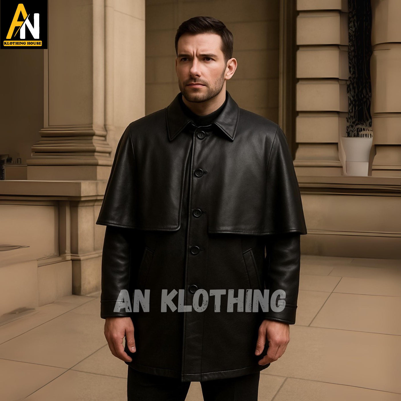Black Leather Victorian-Inspired Cape Coat for Men – Classic Urban Outerwear with Buttoned Front - Custom made Leather Cape Coat