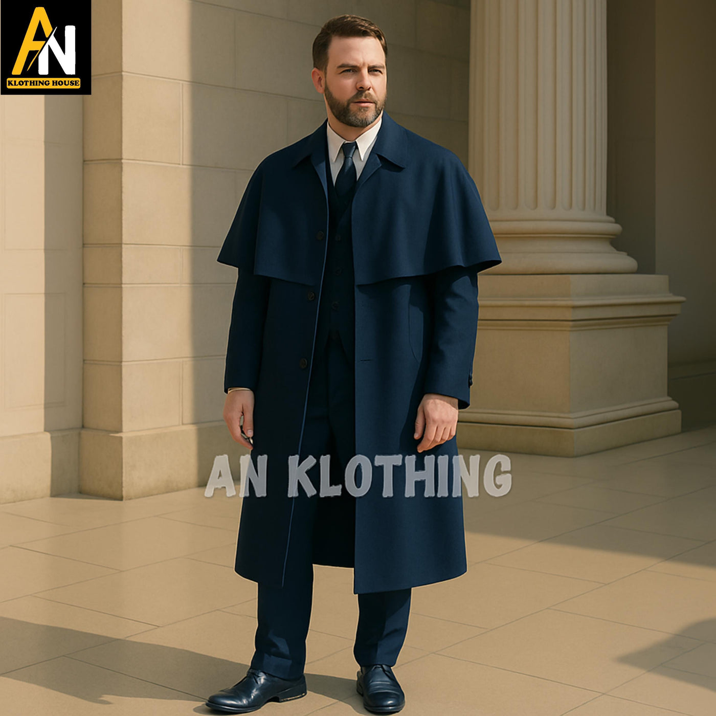 Dark Blue Victorian-Inspired Men's Wool Cape Overcoat – Elegant Handmade Long Cloak Coat for Formal & Historical Wear - Garrick Overcoat
