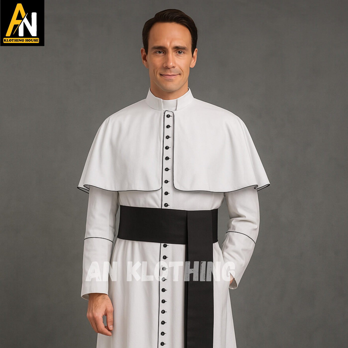 Traditional White Clergy Cassock for Men – Handmade Ecclesiastical Robe with Black Fascia & Cape | Custom Sizes - Priest Outfit for Church