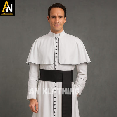 Traditional White Clergy Cassock for Men – Handmade Ecclesiastical Robe with Black Fascia & Cape | Custom Sizes - Priest Outfit for Church