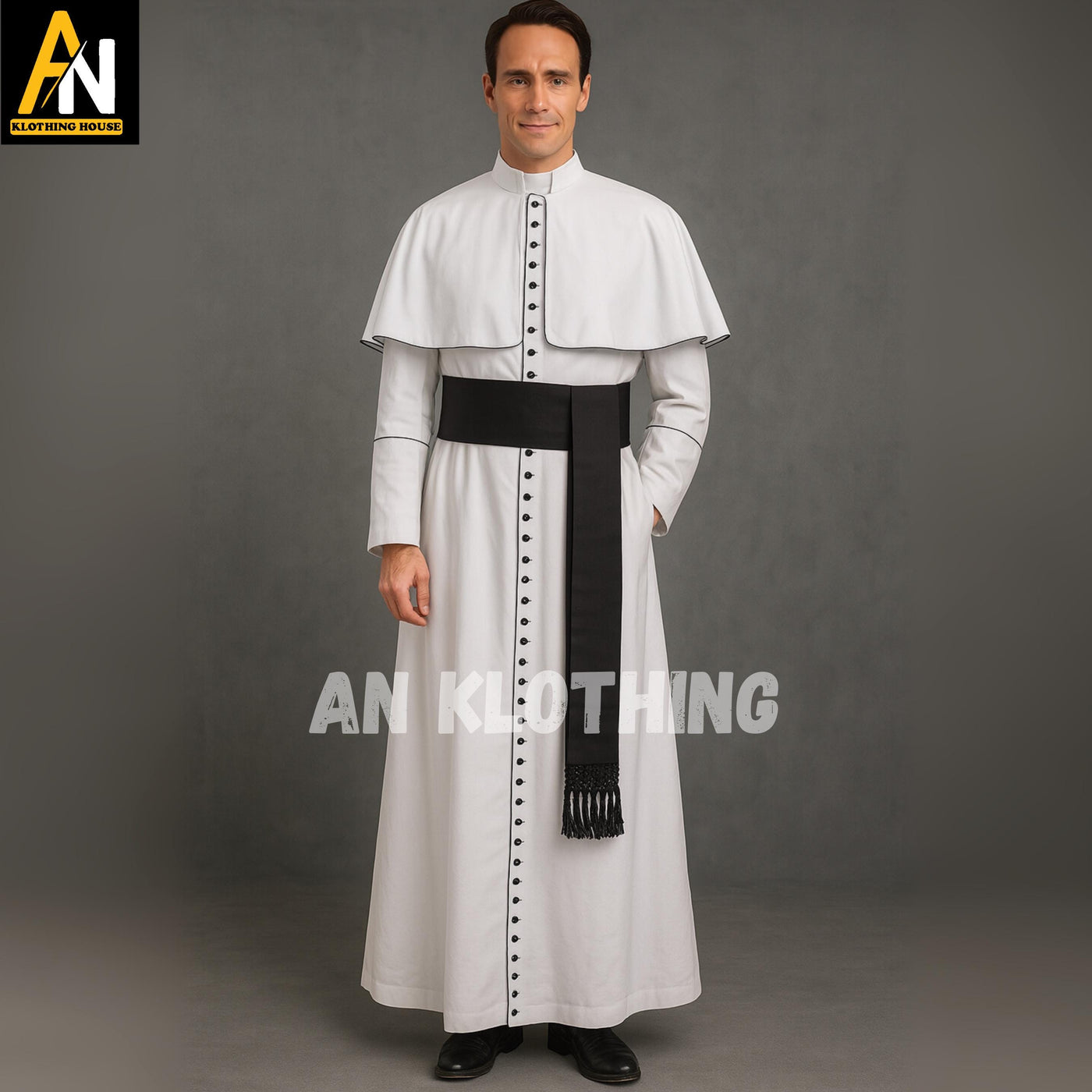 Traditional White Clergy Cassock for Men – Handmade Ecclesiastical Robe with Black Fascia & Cape | Custom Sizes - Priest Outfit for Church