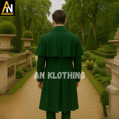Regency Green Cape Coat for Men - Historical Tailcoat with Vest - 18th Century Inspired Wool Outfit - Victorian Formal Wear - Custom Sizes