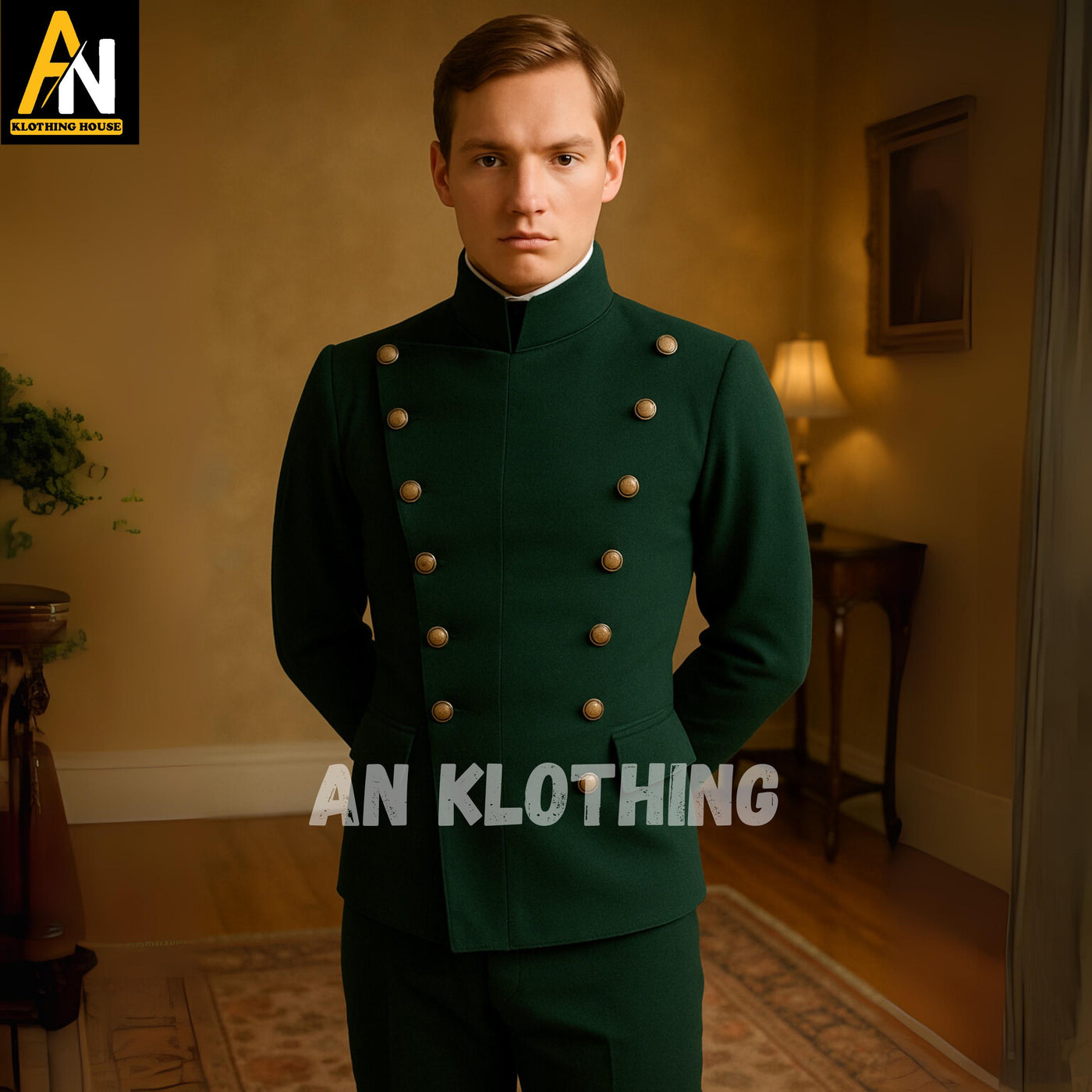 Chauffeur Uniform - Men's Green Military Dress Coat – Double-Breasted Tailored Uniform Jacket with Brass Buttons | Regency Style Formal Wear