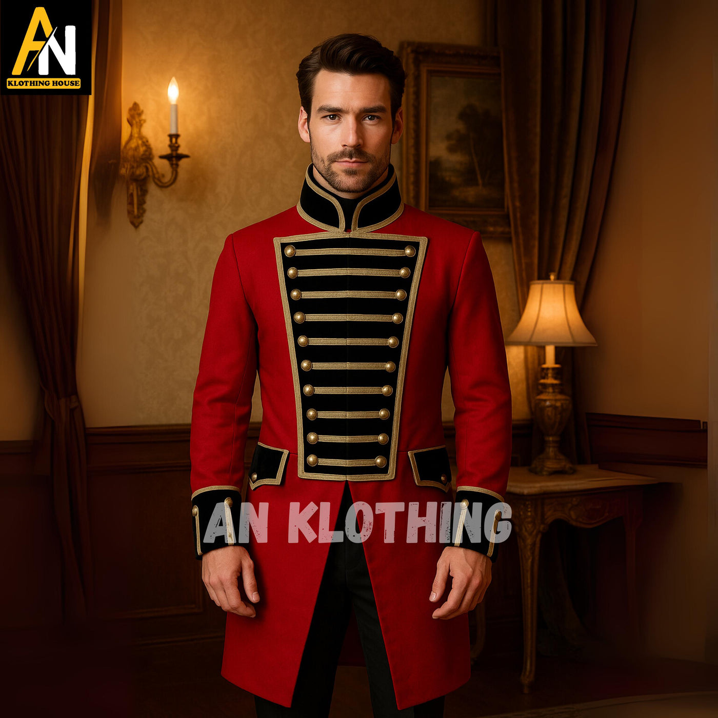 Men's Red Military Coat with Gold Braiding – British Style Officer Parade Jacket | Historical Reenactment & Cosplay Costume