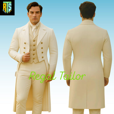 Handmade Mr. Darcy-Inspired Men's White Regency Military Coat – Authentic 1800s Style with Elegant Long Tails - Custom Fitted - Regency Suit