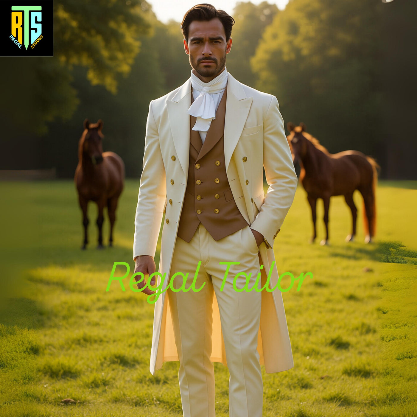 Men's Regency Off-White Wool Suit with Gold Buttons, Historical Gentleman Formalwear, Victorian Inspired Groomsman Outfit - Regency Jacket