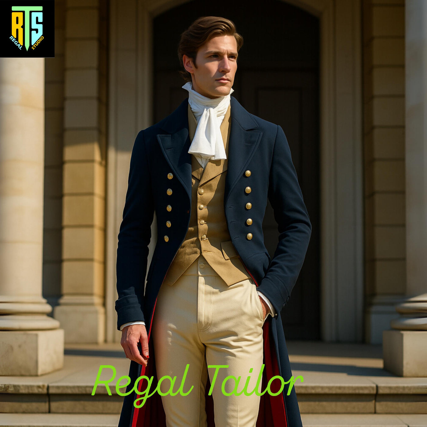 19th Century Men's Regency Navy Blue Wool Coat with Gold Waistcoat – Historical Outfit - Men's Regency Era Jackets - Custom Made Wool Coat