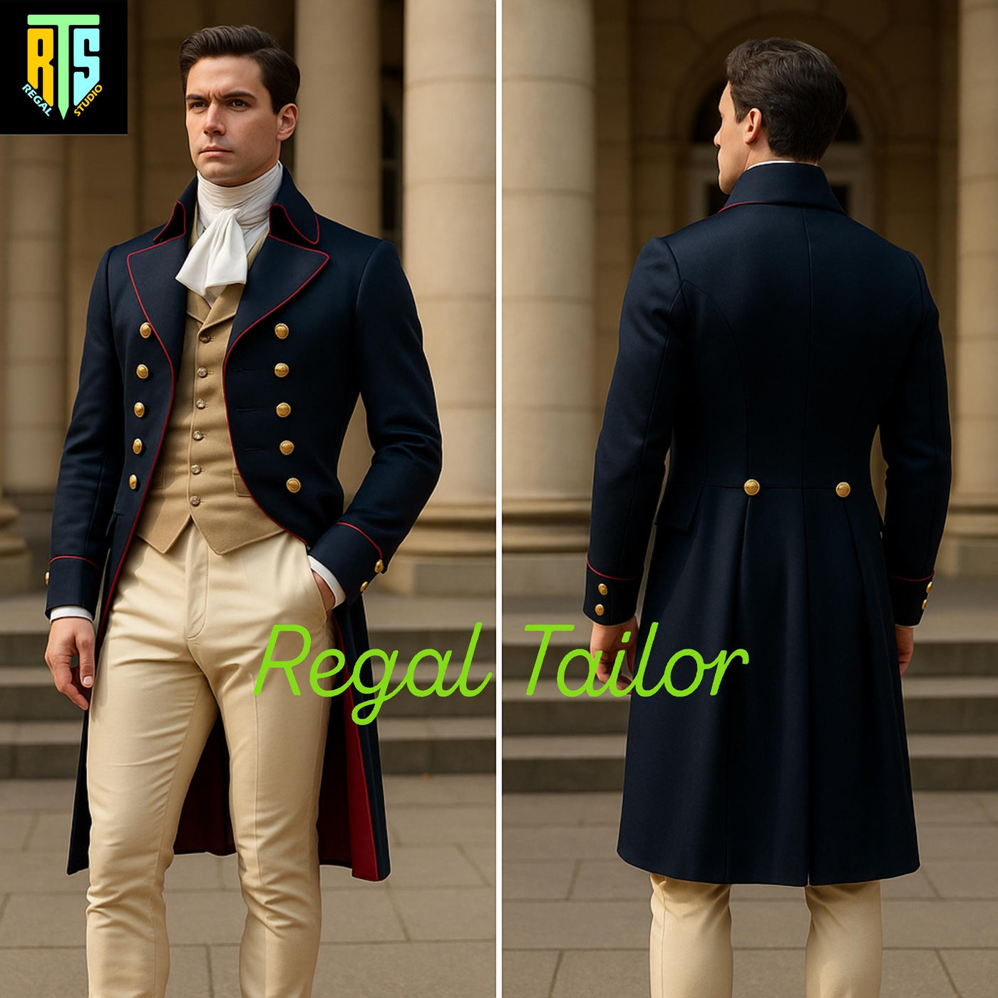 Men's 18th Century Costume - Navy Blue Regency Tailcoat with Gold Buttons – Historical Men’s Wool Coat with Red Piping - Custom Made Coat