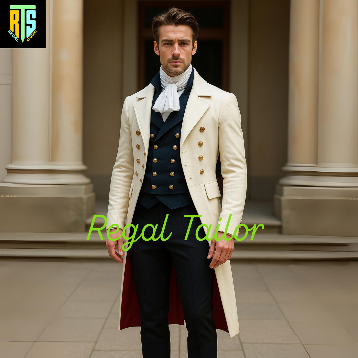 Regency White Wool Coat with Gold Buttons – Formal Victorian Officer Coat – Historical Reenactment Steampunk Wedding Jacket - Regency Jacket