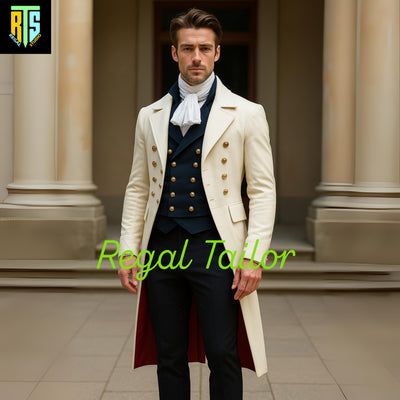 Regency White Wool Coat with Gold Buttons – Formal Victorian Officer Coat – Historical Reenactment Steampunk Wedding Jacket - Regency Jacket