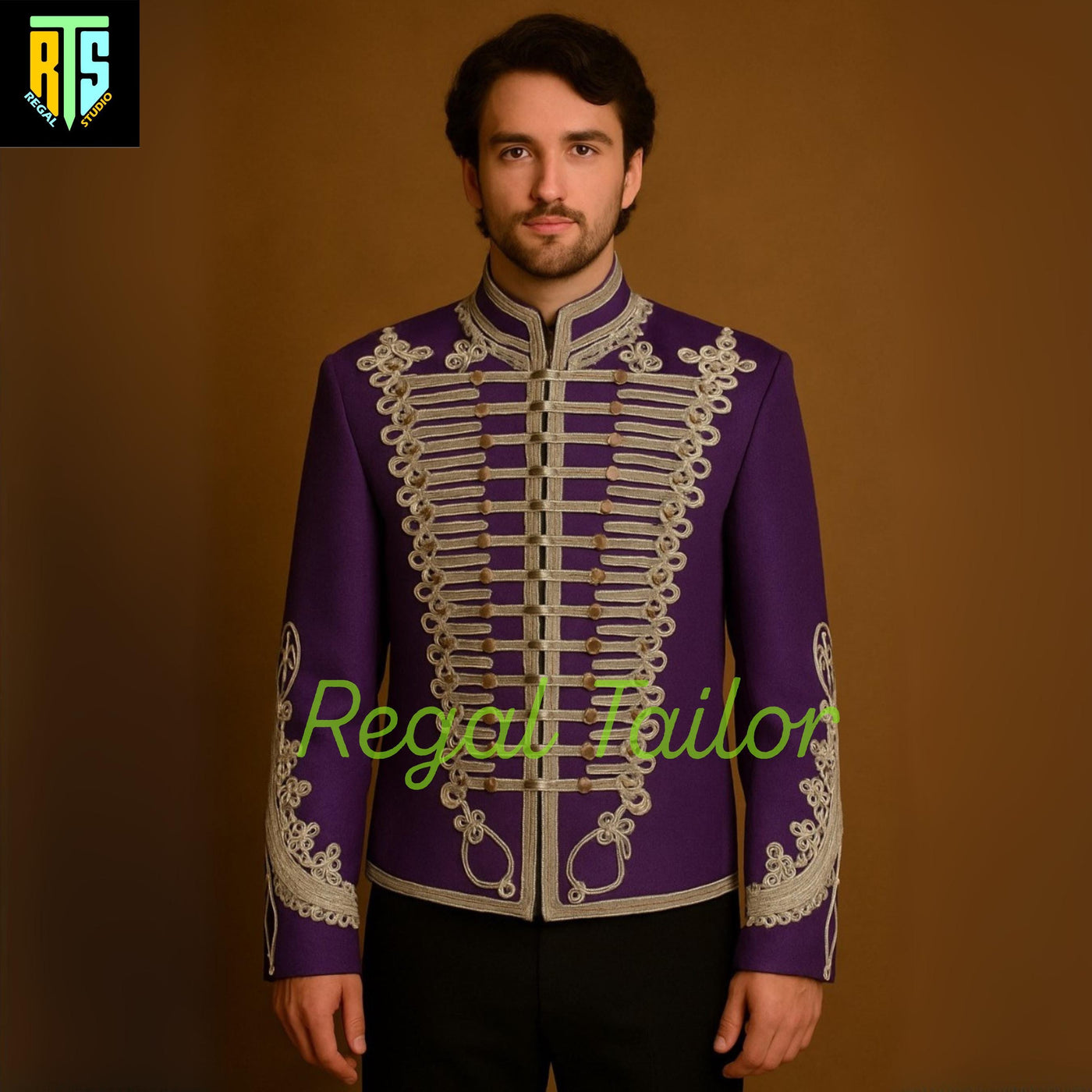 Men's Purple Military Embroidered Hussar Jacket – Custom Tailored Regal Parade Coat with Gold Braiding | Historical Dress Uniform