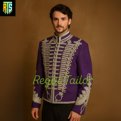 Men's Purple Military Embroidered Hussar Jacket – Custom Tailored Regal Parade Coat with Gold Braiding | Historical Dress Uniform