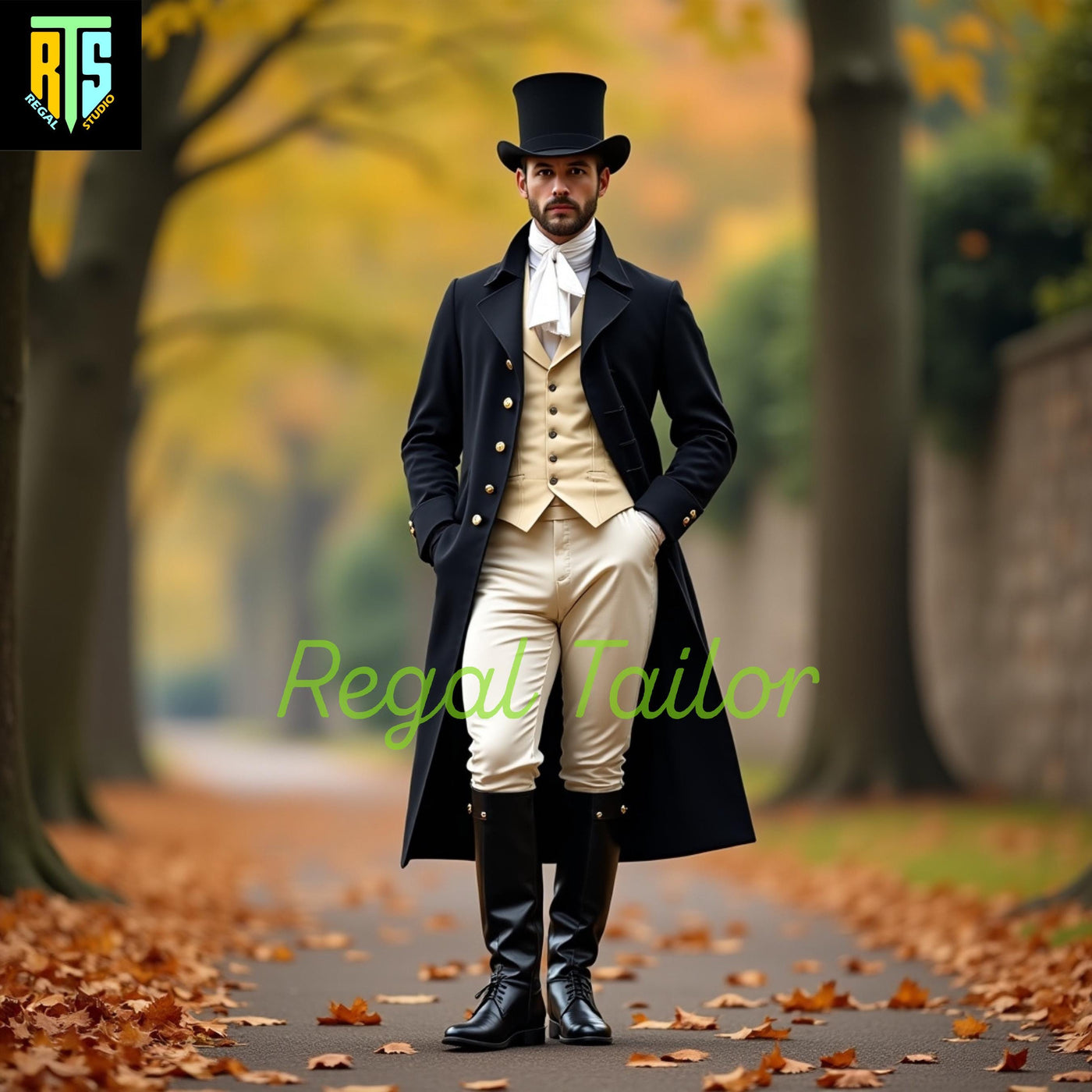 Mr. Darcy-Inspired Military Coat - Regency Gentleman’s Classic Black Coat - Cream Breeches - Gold Waistcoat  –  Men's Regency Era Jackets