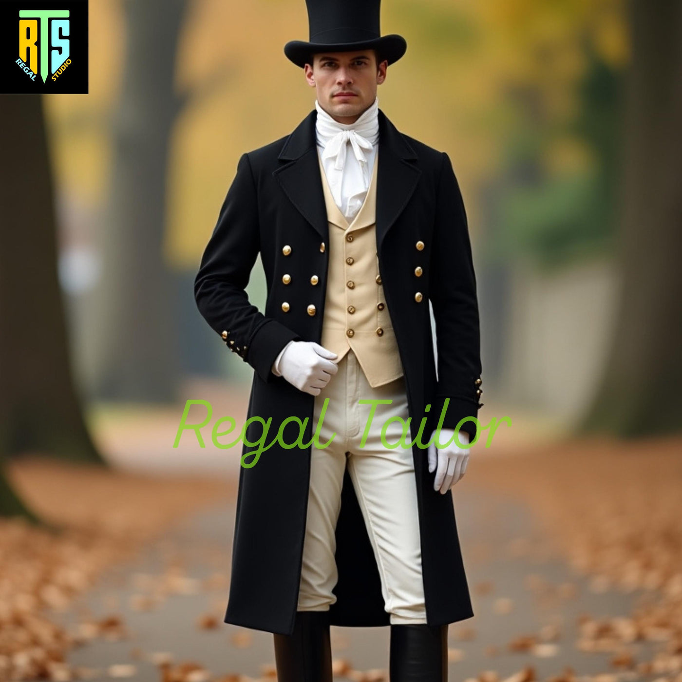 Regency Gentleman’s Classic Black Wool Coat - White Breeches - Gold Waistcoat  –  Men's Regency Era Jackets - Mr. Darcy Outfit Winters Wear