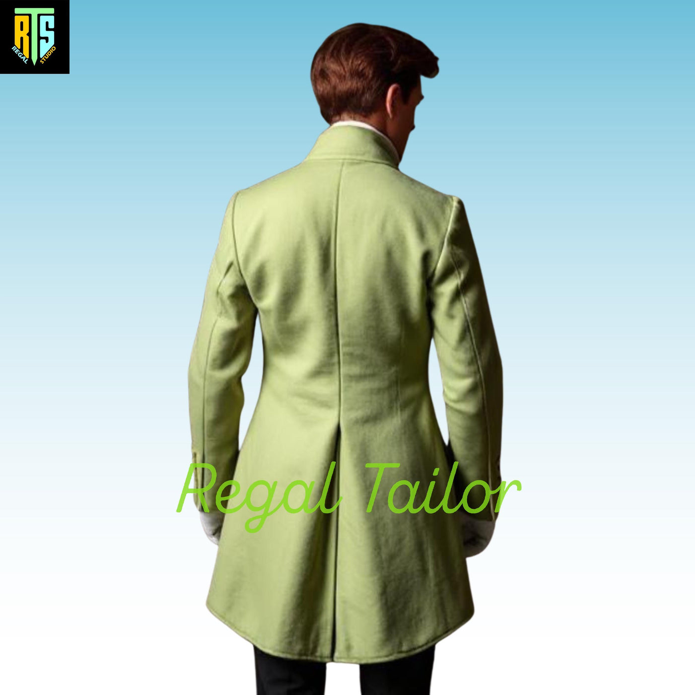 Refined Regency Wool Coat Ensemble in Pistachio Green with Gold Buttoned Waistcoat –A Distinguished Gentleman’s Look - Men's Regency Jackets