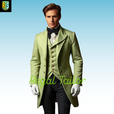 Refined Regency Wool Coat Ensemble in Pistachio Green with Gold Buttoned Waistcoat –A Distinguished Gentleman’s Look - Men's Regency Jackets
