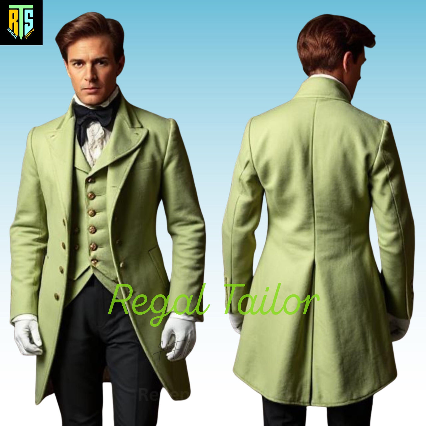 Refined Regency Wool Coat Ensemble in Pistachio Green with Gold Buttoned Waistcoat –A Distinguished Gentleman’s Look - Men's Regency Jackets