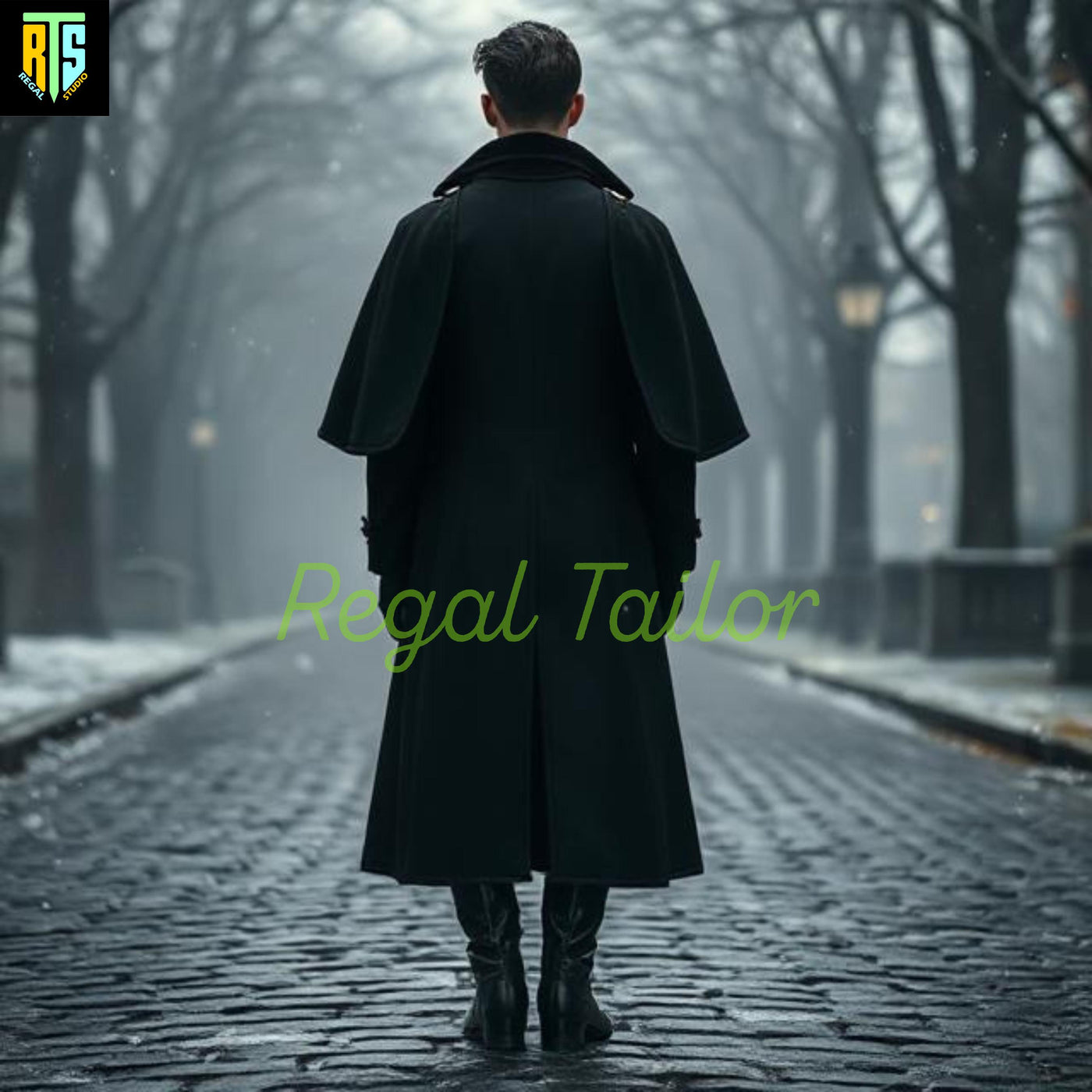 Sophisticated Victorian-Inspired Charcoal Wool Overcoat with Layered Lapels & Classic Black Suit – Men's Regency Long Coat - Winters Outwear