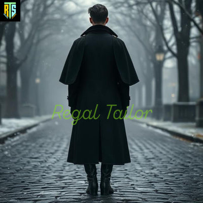 Sophisticated Victorian-Inspired Charcoal Wool Overcoat with Layered Lapels & Classic Black Suit – Men's Regency Long Coat - Winters Outwear