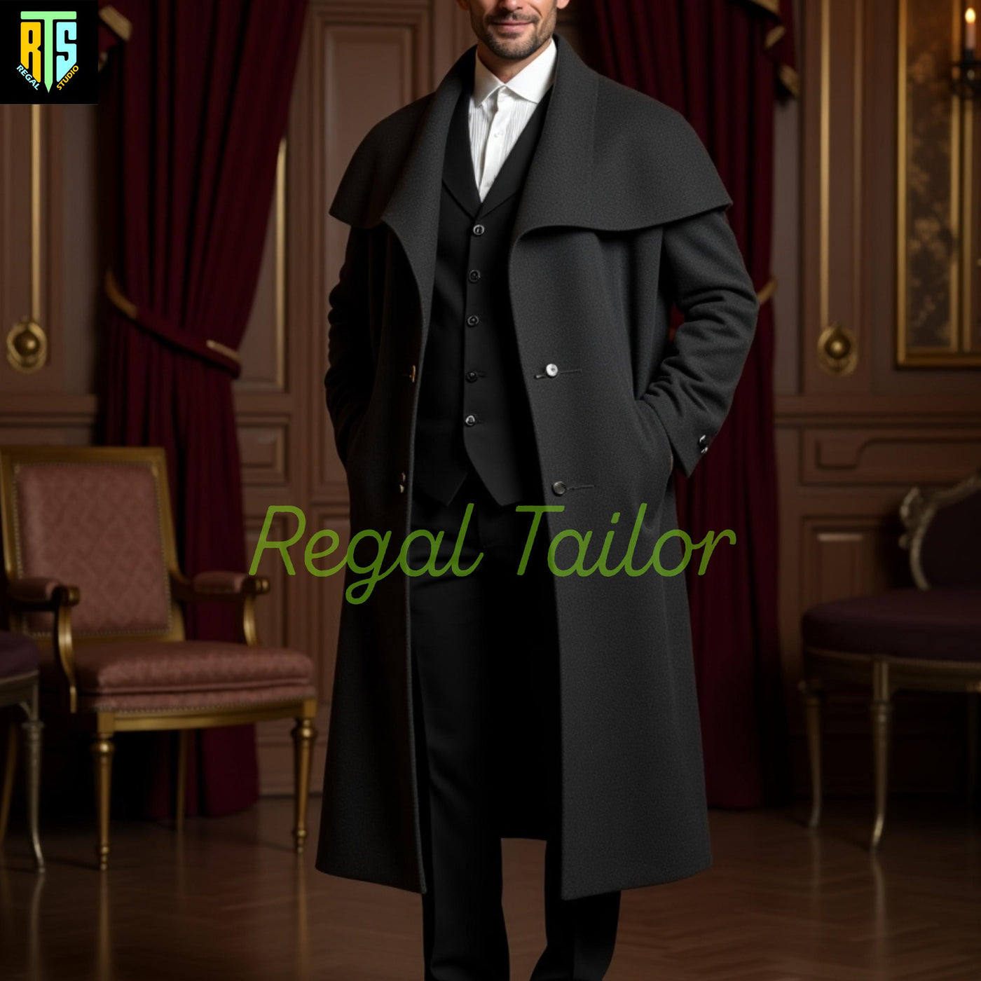 Sophisticated Victorian-Inspired Charcoal Wool Overcoat with Layered Lapels & Classic Black Suit – Men's Regency Long Coat - Winters Outwear