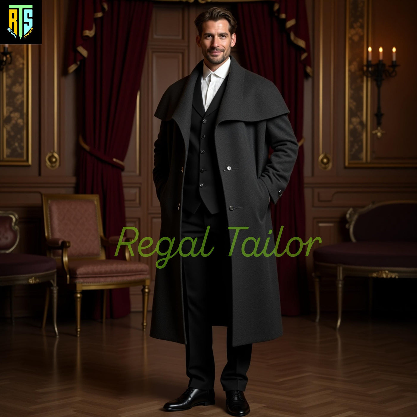 Sophisticated Victorian-Inspired Charcoal Wool Overcoat with Layered Lapels & Classic Black Suit – Men's Regency Long Coat - Winters Outwear