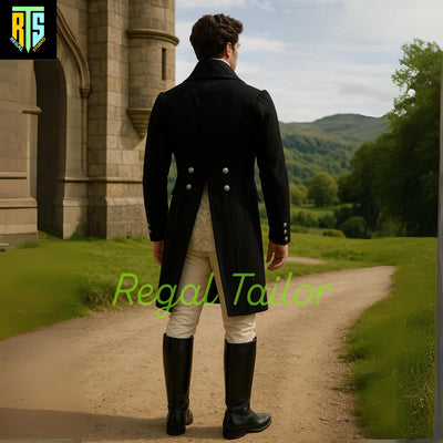 Elegant Regency Gentleman’s Black Tailcoat Ensemble with Cream Waistcoat and Breeches - Formal Historic Reenactments -Men's Regency Jackets