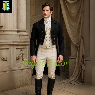 Elegant Regency Gentleman’s Black Tailcoat Ensemble with Cream Waistcoat and Breeches - Formal Historic Reenactments -Men's Regency Jackets
