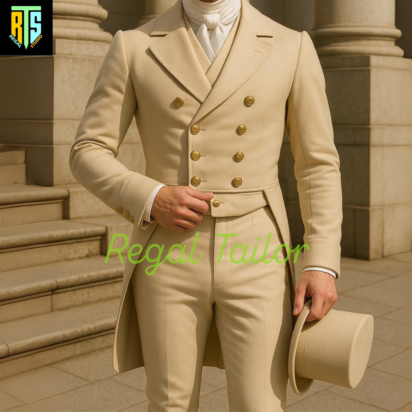 Elegant Regency Era Cream Tailcoat Ensemble with Golden Buttons – Classic Aristocratic Gentleman’s Formal Attire - Men's Regency Attire