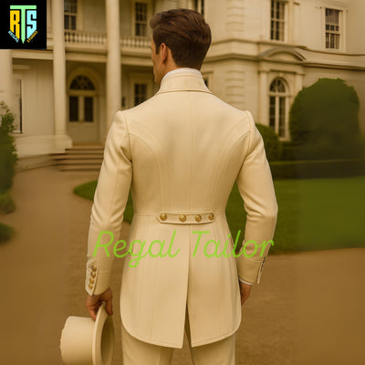 Elegant Regency Era Cream Tailcoat Ensemble with Golden Buttons – Classic Aristocratic Gentleman’s Formal Attire - Men's Regency Attire