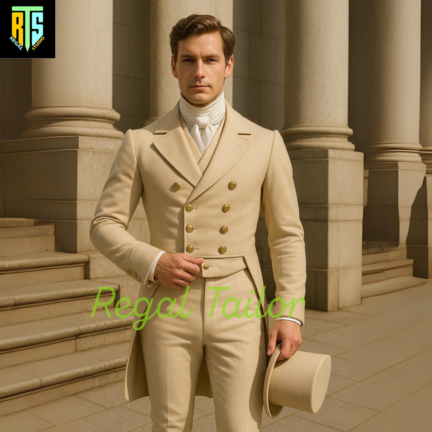 Elegant Regency Era Cream Tailcoat Ensemble with Golden Buttons – Classic Aristocratic Gentleman’s Formal Attire - Men's Regency Attire