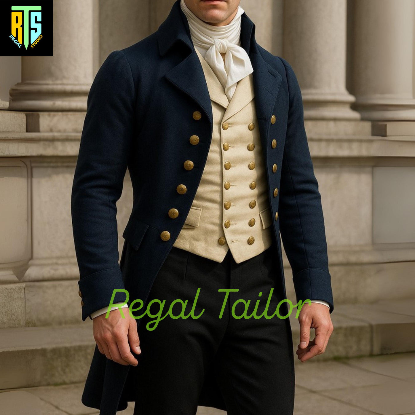 Regency Gentleman in a Navy Wool Tailcoat with Golden Brass Buttons and Cream Waistcoat - Cosplay or Themed Event Wear - Regency Jackets