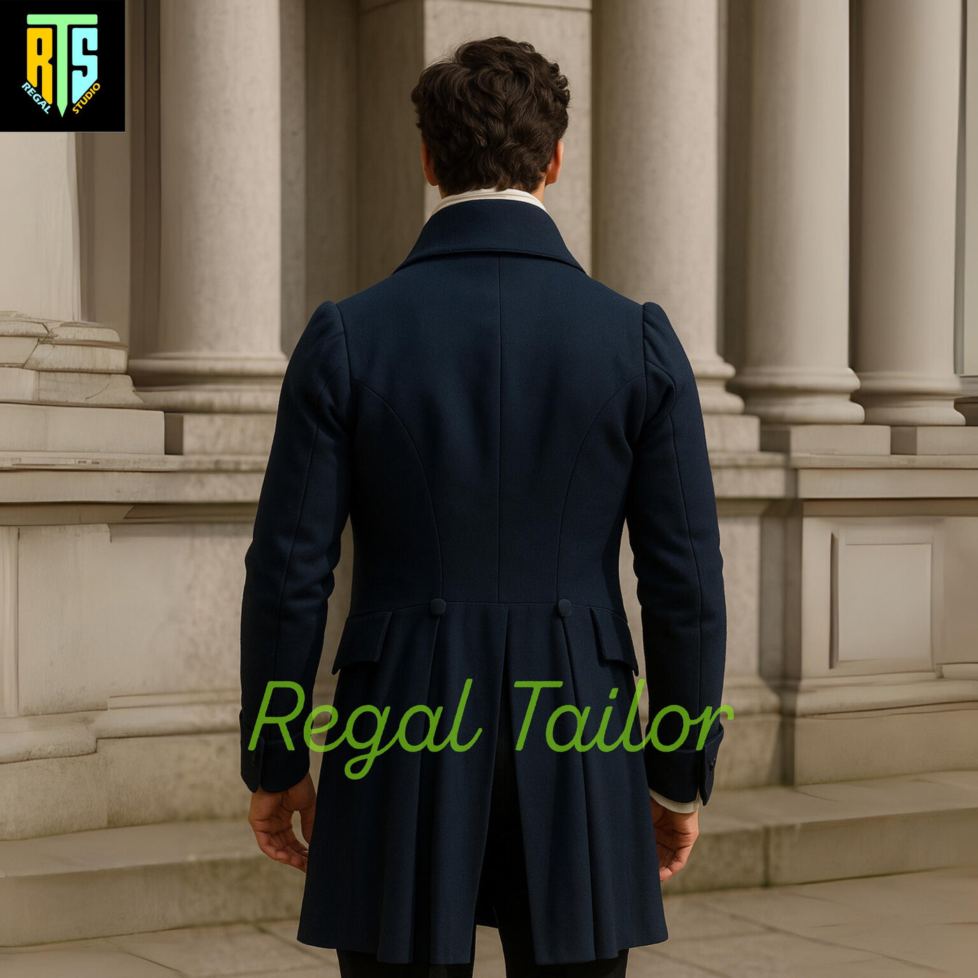 Regency Gentleman in a Navy Wool Tailcoat with Golden Brass Buttons and Cream Waistcoat - Cosplay or Themed Event Wear - Regency Jackets