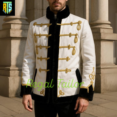 White and Black Wool Hussar-Inspired Regency Coat with Gold Embroidery Detailing with Black Fur - Men's Hussar Jacket - Regency Jacket