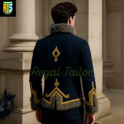 Majestic Navy Blue Hussar-Inspired Military Jacket with Golden Braid Embroidery and Fur Trim on Collar, Cuffs, and Hem - Men's Regency Coat