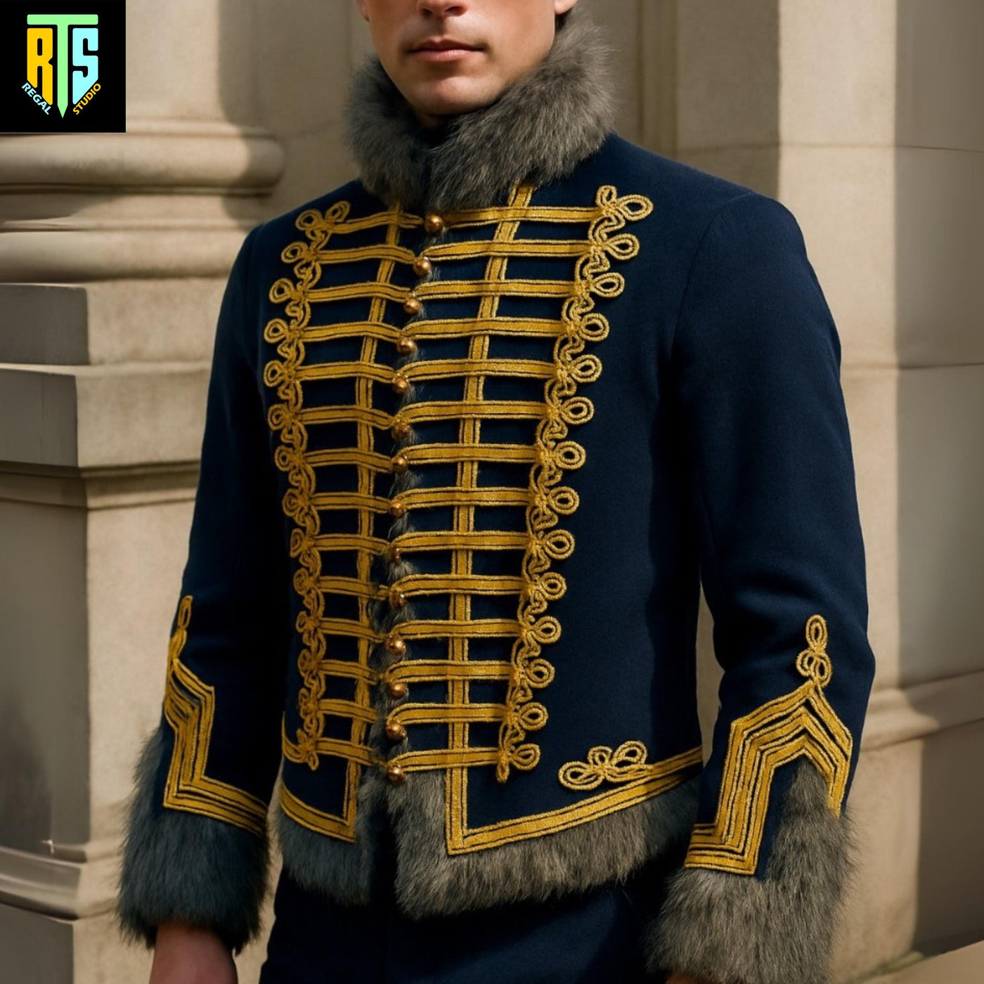 Majestic Navy Blue Hussar-Inspired Military Jacket with Golden Braid Embroidery and Fur Trim on Collar, Cuffs, and Hem - Men's Regency Coat