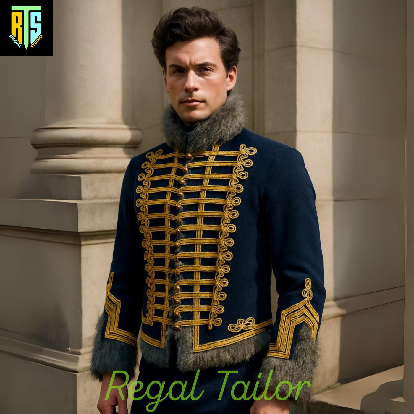 Majestic Navy Blue Hussar-Inspired Military Jacket with Golden Braid Embroidery and Fur Trim on Collar, Cuffs, and Hem - Men's Regency Coat