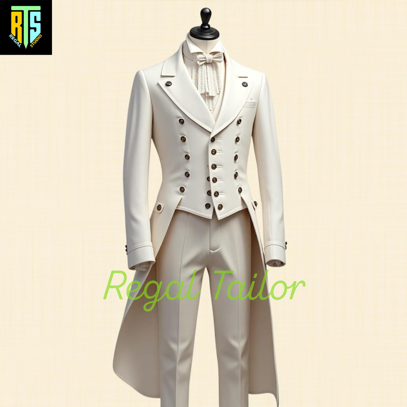 Refined Regency White Wool Tailcoat with Double-Breasted Buttons and High Collar – 19th Century Historical Costume - Men's Regency Jackets