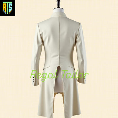 Refined Regency White Wool Tailcoat with Double-Breasted Buttons and High Collar – 19th Century Historical Costume - Men's Regency Jackets