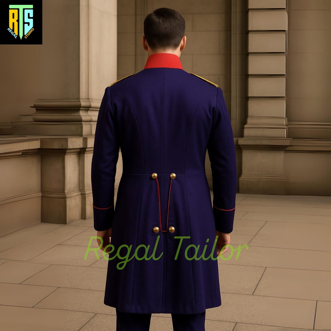 Imperial Guard-Inspired Royal Blue Military Coat with Red Accents with Gold Shoulder Bands - Military Jacket - Men's Regency Jacket