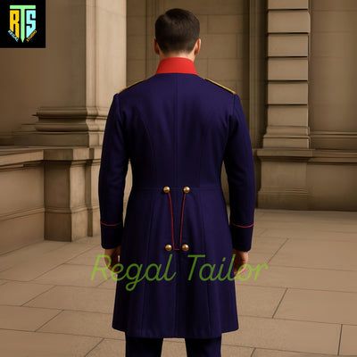 Imperial Guard-Inspired Royal Blue Military Coat with Red Accents with Gold Shoulder Bands - Military Jacket - Men's Regency Jacket