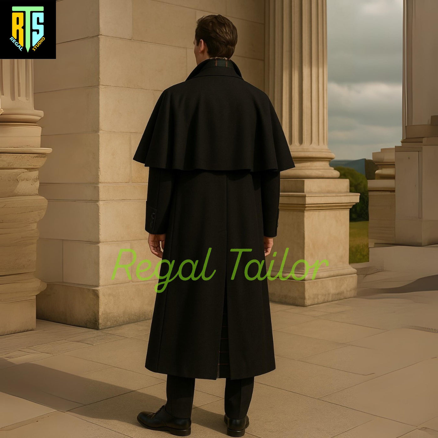 Black Inverness Cape Overcoat – Classic Victorian Style Men's Wool Coat for Formal & Period Wear - Black Regency Garrick Overcoat