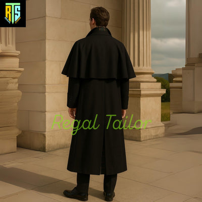Black Inverness Cape Overcoat – Classic Victorian Style Men's Wool Coat for Formal & Period Wear - Black Regency Garrick Overcoat